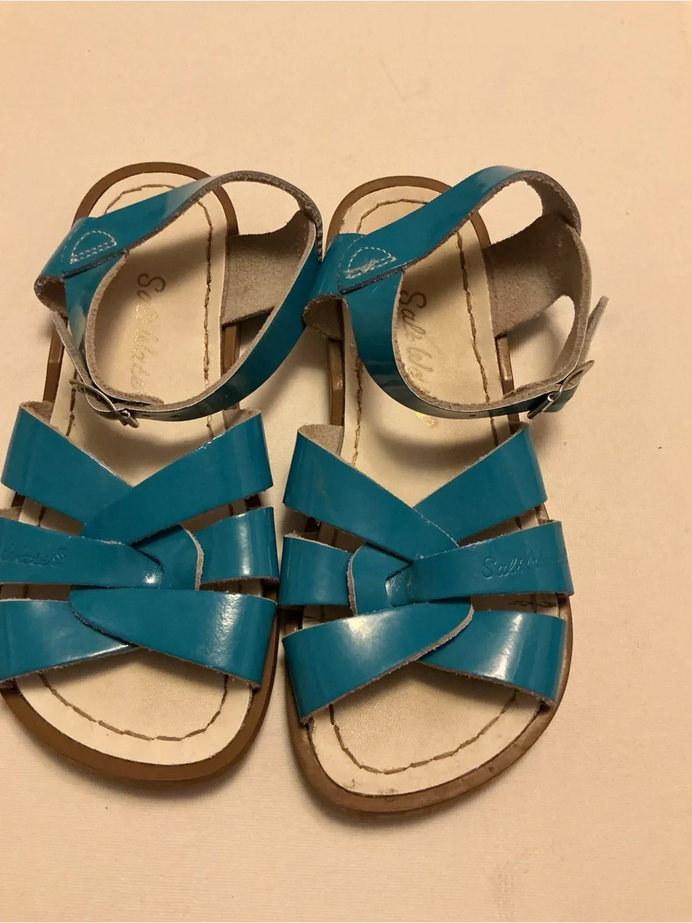 Girls' Teal Patent Leather Strappy Sandals with Ankle Buckle